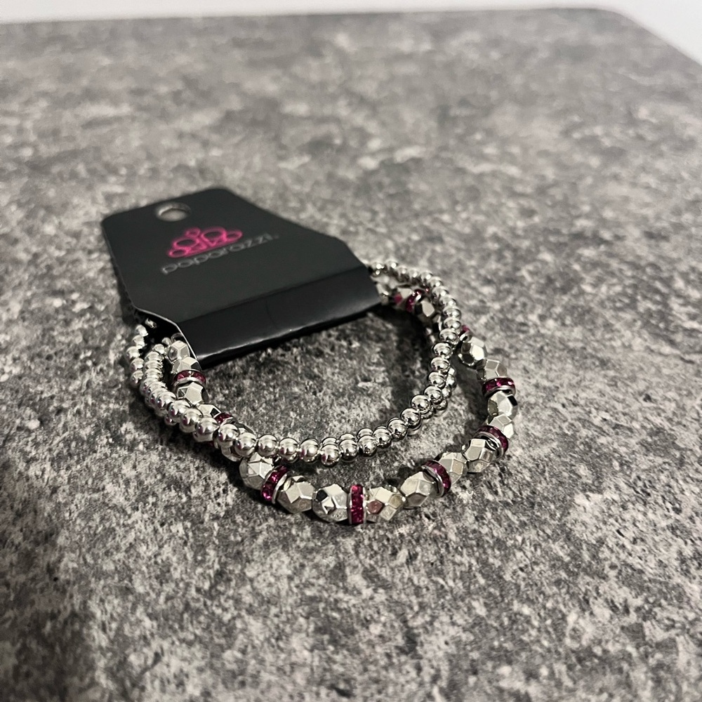 Silver and Pink Beaded Bracelet Set